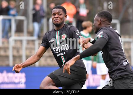 Lommel, Belgium. 02nd Apr, 2023. Virton's Keres Masangu celebrates after scoring during a soccer match Lommel SK and Royal Excelsior Virton, Sunday 02 April 2023 in Lommel, on day 5 of the Relegation Play-offs of the 2022-2023 'Challenger Pro League' 1B second division of the Belgian championship. BELGA PHOTO JILL DELSAUX Credit: Belga News Agency/Alamy Live News Stock Photo