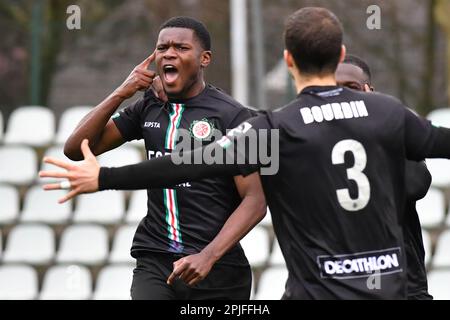 Lommel, Belgium. 02nd Apr, 2023. Virton's Keres Masangu celebrates after scoring during a soccer match Lommel SK and Royal Excelsior Virton, Sunday 02 April 2023 in Lommel, on day 5 of the Relegation Play-offs of the 2022-2023 'Challenger Pro League' 1B second division of the Belgian championship. BELGA PHOTO JILL DELSAUX Credit: Belga News Agency/Alamy Live News Stock Photo