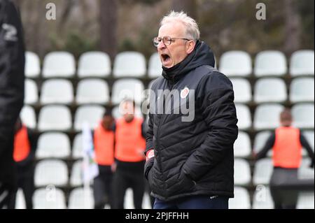 Lommel, Belgium. 02nd Apr, 2023. Virton's head coach Jose Jeunechamps pictured during a soccer match Lommel SK and Royal Excelsior Virton, Sunday 02 April 2023 in Lommel, on day 5 of the Relegation Play-offs of the 2022-2023 'Challenger Pro League' 1B second division of the Belgian championship. BELGA PHOTO JILL DELSAUX Credit: Belga News Agency/Alamy Live News Stock Photo