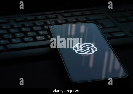 Ljubljana, Slovenia - 21 January 2023: OpenAI logo on smartphone screen laying on computer keyboard Stock Photo