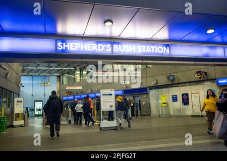 London- February 2023: Shepherds Bush underground station entrance- Central Line London Underground Station Stock Photo