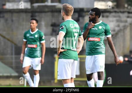 Lommel, Belgium. 02nd Apr, 2023. Lommel's players look dejected after a soccer match Lommel SK and Royal Excelsior Virton, Sunday 02 April 2023 in Lommel, on day 5 of the Relegation Play-offs of the 2022-2023 'Challenger Pro League' 1B second division of the Belgian championship. BELGA PHOTO JILL DELSAUX Credit: Belga News Agency/Alamy Live News Stock Photo