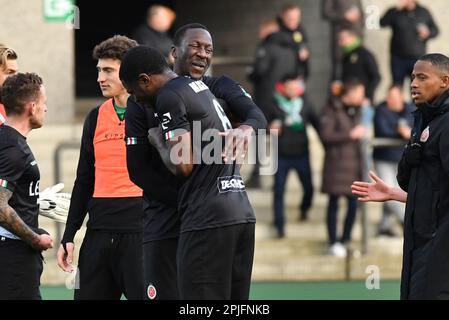 Lommel, Belgium. 02nd Apr, 2023. Virton's players celebrates after winning a soccer match Lommel SK and Royal Excelsior Virton, Sunday 02 April 2023 in Lommel, on day 5 of the Relegation Play-offs of the 2022-2023 'Challenger Pro League' 1B second division of the Belgian championship. BELGA PHOTO JILL DELSAUX Credit: Belga News Agency/Alamy Live News Stock Photo