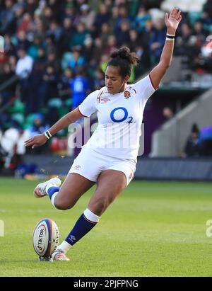 England’s Lagi Tuima converts a try during the TikTok Women's Six Nations match at the cinch Stadium at Franklin's Gardens, Northampton. Picture date: Sunday April 2, 2023. Stock Photo