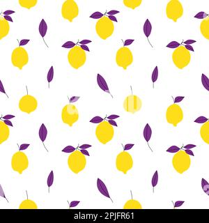 Bright yellow lemons with violet leaves simple seamless pattern Stock Vector