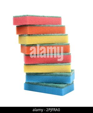 A group of new multi-colored sponges for dishes isolated on white. Stock Photo