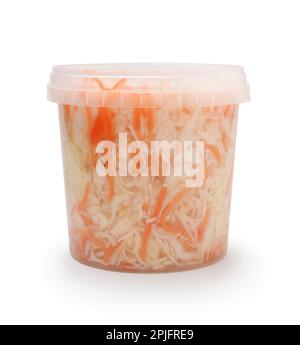 Plastic bucket full of sauerkraut isolated on white. Stock Photo