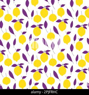 Bright yellow lemons with violet leaves simple seamless pattern Stock Vector