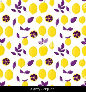 Bright yellow lemons with violet leaves simple seamless pattern Stock Vector
