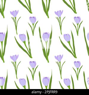 Crocus purple flowers seamless pattern on white  Stock Vector