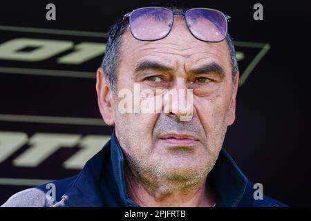 Monza, Italy - April 2, 2023, The head coach Maurizio Sarri (SS Lazio) during the Italian championship Serie A football match between AC Monza and SS Lazio on April 2, 2023 at U-Power Stadium in Monza, Italy - Photo Luca Rossini / E-Mage Stock Photo