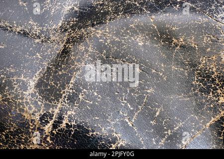 Cracked black full-grain leather; worn and weathered to show surface cracks and lines; taken from a 1960s Eames chair. Stock Photo