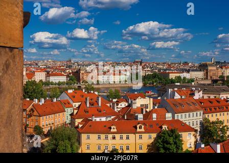 Prague historical center beautiful skyline with River Vltava from Mala Strana Bridge Tower Stock Photo