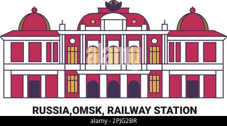 Russia, Omsk, Railway Station, travel landmark vector illustration Stock Vector