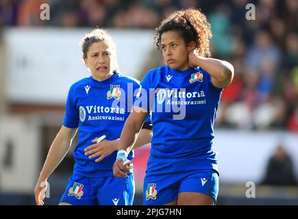 Italy’s Giana Franco (right) and Sofia Stefan react during the TikTok Women's Six Nations match at the cinch Stadium at Franklin's Gardens, Northampton. Picture date: Sunday April 2, 2023. Stock Photo