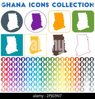 Ghana icons collection. Bright colorful trendy map icons. Modern Ghana badge with country map. Vector illustration. Stock Vector