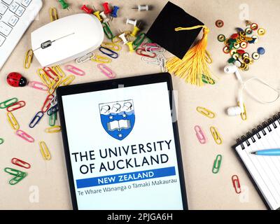 In this photo illustration,  The University of Auckland  logo seen displayed on a tablet. Stock Photo