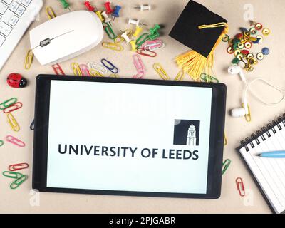 In this photo illustration,  University of Leeds  logo seen displayed on a tablet. Stock Photo