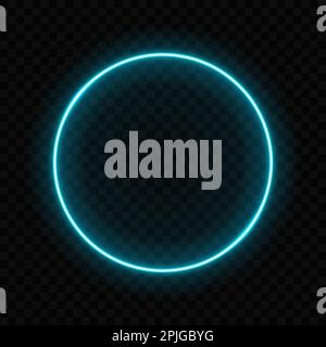 Neon circle. Light glow round blue color isolated on dark background. Illuminated frame for design print. Abstract digital circe. Glowing flare loop Stock Vector