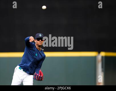 Seattle Mariners' Julio Rodriguez puts on batting gear in the dugout during  a baseball game against the Washington Nationals, Wednesday, June 28, 2023,  in Seattle. (AP Photo/Lindsey Wasson Stock Photo - Alamy