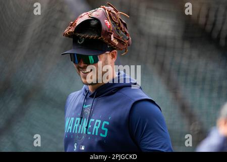 Seattle Mariners first baseman Ty France wears a San Diego State jersey  during batting practice before a baseball game against the Los Angeles  Angels, Monday, April 3, 2023, in Seattle. (AP Photo/Lindsey