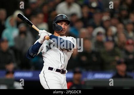 Seattle Mariners' Kolten Wong follows through during a baseball game  against the Washington Nationals, Tuesday, June 27, 2023, in Seattle. (AP  Photo/Lindsey Wasson Stock Photo - Alamy