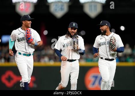 Seattle Mariners Teoscar Hernandez swings through while batting against the  Colorado Rockies during the third inning of a baseball game, Friday, April  14, 2023, in Seattle. (AP Photo/John Froschauer Stock Photo - Alamy