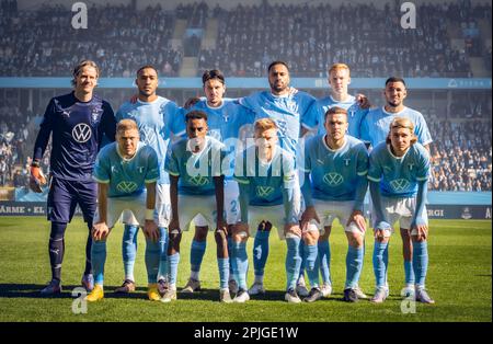 Malmoe, Sweden. 01st, April 2023. The starting-11 of Malmo FF seen for the Allsvenskan match between Malmo FF and Kalmar FF at Eleda Stadion in Malmoe. (Photo credit: Gonzales Photo - Joe Miller). Stock Photo