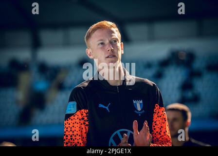 Malmoe, Sweden. 01st, April 2023. Hugo Larsson of Malmo FF is warming up before the Allsvenskan match between Malmo FF and Kalmar FF at Eleda Stadion in Malmoe. (Photo credit: Gonzales Photo - Joe Miller). Stock Photo