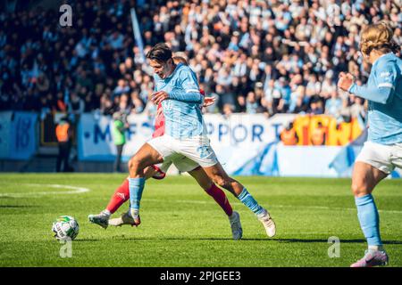 Malmoe, Sweden. 01st, April 2023. Stefano Vecchia (21) of Malmo FF seen during the Allsvenskan match between Malmo FF and Kalmar FF at Eleda Stadion in Malmoe. (Photo credit: Gonzales Photo - Joe Miller). Stock Photo