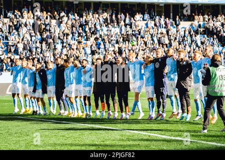 Malmoe, Sweden. 01st, April 2023. The players of Malmo FF celebrate the victory after the Allsvenskan match between Malmo FF and Kalmar FF at Eleda Stadion in Malmoe. (Photo credit: Gonzales Photo - Joe Miller). Stock Photo