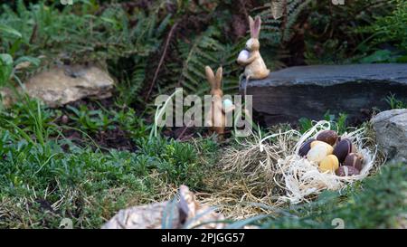 Easter chocolate eggs in the nest hidden in the garden with two small bunny’s in the background. Shallow depth of field Stock Photo
