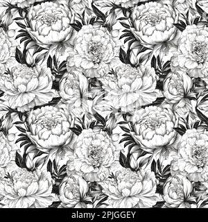 Seamless floral background with peony flowers. Peony flowers pattern. Black and white drawing Stock Photo