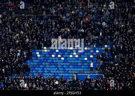 Naples, Italy. 02nd Apr, 2023. An empty sector of the stands for a strike of Napoli ultras is seen during the Serie A football match between SSC Napoli and AC Milan at Diego Armando Maradona stadium in Naples (Italy), April 2nd, 2023. Credit: Insidefoto di andrea staccioli/Alamy Live News Stock Photo