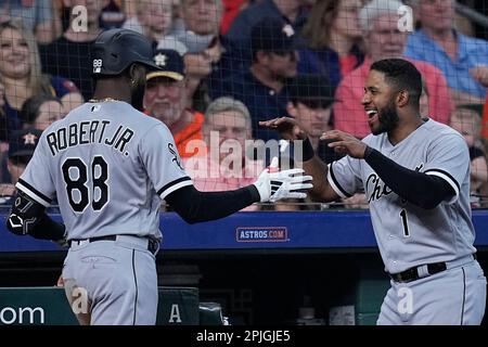 Chicago White Sox's Elvis Andrus, left, puts on the home run Southside  jacket and hat on Luis Robert Jr., right, after Robert hit a solo home run  against the Los Angeles Dodgers