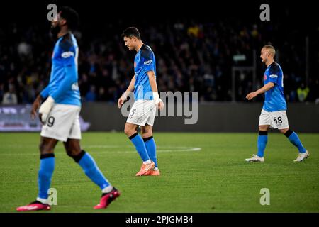 Naples, Italy. 02nd Apr, 2023. Andre Zambo Anguissa, Kim Min-jae and Stanislav Lobotka of SSC Napoli look dejected during the Serie A football match between SSC Napoli and AC Milan at Diego Armando Maradona stadium in Naples (Italy), April 2nd, 2023. Credit: Insidefoto di andrea staccioli/Alamy Live News Stock Photo