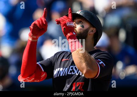 Minnesota Twins right fielder Matt Wallner (38) celebrates a team victory  with first basemen Joey Gallo (13) during a MLB regular season game between  Stock Photo - Alamy