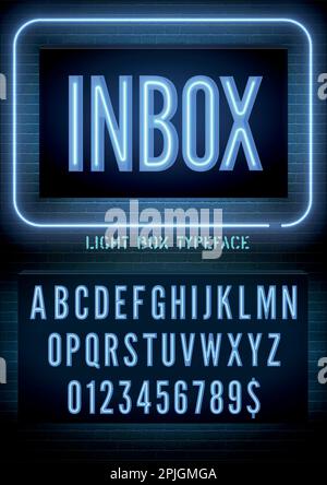 Inbox sign with blue neon box alphabet on dark brick wall background. Night light box extra glowing effect narrow font with numbers. Vector illustration Stock Vector