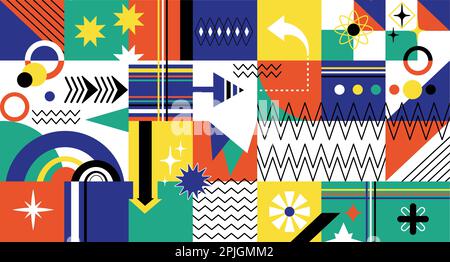 Abstract y2k bauhaus. Minimalistic brutalism style, geometric shapes and stars composition. Futuristic trendy design, new graphic decent vector poster Stock Vector