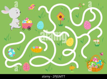 Kids easter maze game. Eggs hunter with cute cartoon bunny. Find right way, children paper play labyrinth. Springtime festive nowaday vector template Stock Vector