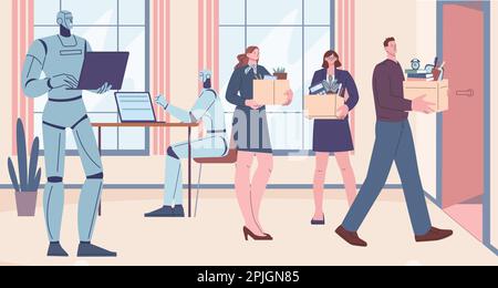 People vs robots on work. Employee human dismissal, welcome robot in office. Business technological challenge, innovation and replace, kicky vector Stock Vector