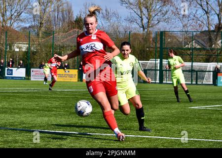 Teesside, UK. 02 Apr 2023. Jess Mett (Middlesbrough) in action as Middlesbrough Women FC (in red and white) played Stockport County Ladies FC in the FA Women’s National League Division One North. The visitors won 1-6 at the Map Group UK Stadium in Stockton-on-Tees - a scoreline which was harsh on the home side. Credit: Teesside Snapper/Alamy Live News Stock Photo