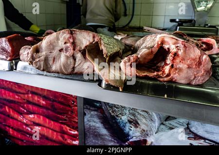 Raw fish meat for sale in the fish Market in Quarteira, Portugal. Stock Photo