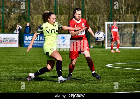 Teesside, UK. 02 Apr 2023. Middlesbrough Women FC (in red and white) played Stockport County Ladies FC in the FA Women’s National League Division One North. The visitors won 1-6 at the Map Group UK Stadium in Stockton-on-Tees - a scoreline which was harsh on the home side. Credit: Teesside Snapper/Alamy Live News Stock Photo