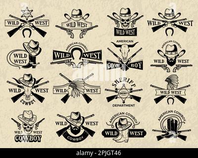 Western symbols. Cowboy, guns, saloon and other wild west pictures set ...