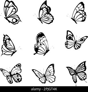 Black tattoo butterflies. Farfalle insects etching drawings, decorative  isolated butterfly silhouette graphics Stock Vector Image & Art - Alamy