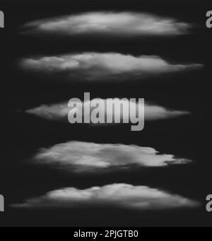 Realistic mist set. Fog effects, cigar steam, transparent clouds isolated on background, white spray textures Stock Vector