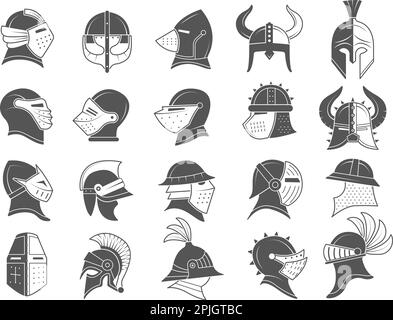 Armor helmets. Medieval ancient clothes for protected head warriors recent vector stylized illustrations Stock Vector