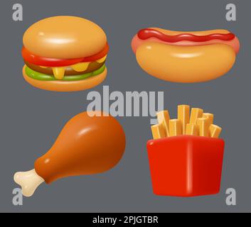 Fast food icons. Plasticine stylized objects french fries cafe food burgers decent vector cartoon 3d rendering icon Stock Vector