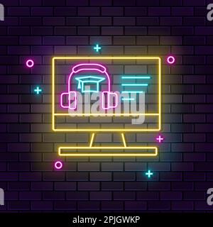 Elearning neon icon. Education neon icon on dark brick wall background Stock Vector